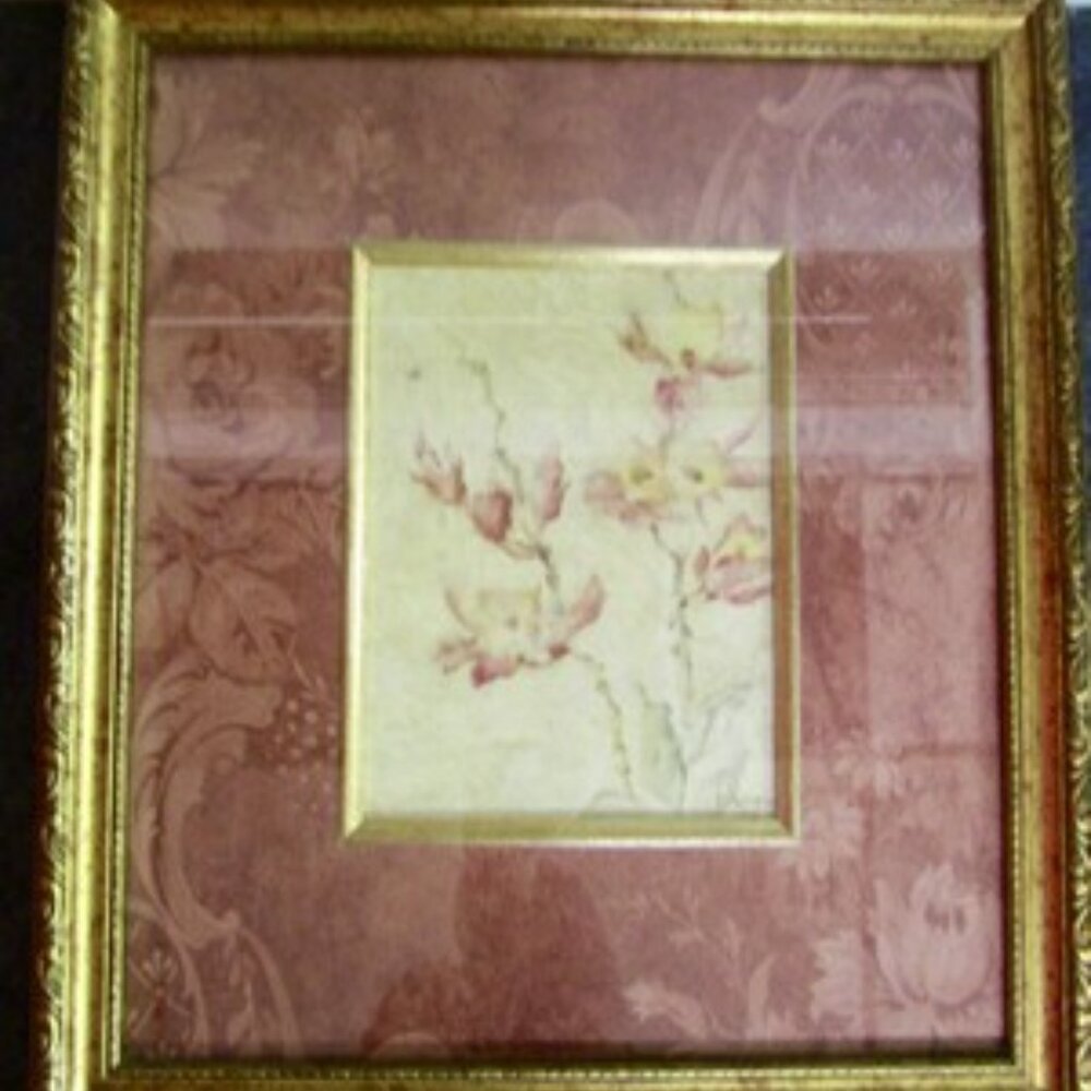 Vintage Floral Print signed by Blum Ornate Gilded Wood Frame 16" x 14"